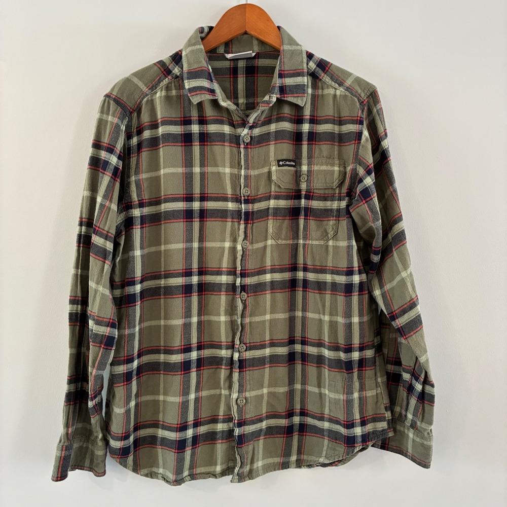 Columbia Shirt M Olive Green Plaid Flannel Gorp Hike Camp Outdoorsy Cabin Fall